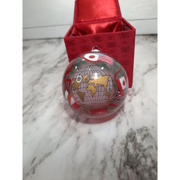 Christmas Ornament Reverse Painted Glass Collectible World and Flag - Picture 1 of 6